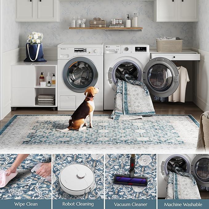 jinchan Floral Area Rugs 4x6 Machine Washable Vintage Distressed Boho Design Throw Rug Stain Resistant Carpet Low Pile Ultra-Thin Non-Slip for Bedroom Living Room Dining Room Kitchen(4‘x6', Drak Blue)