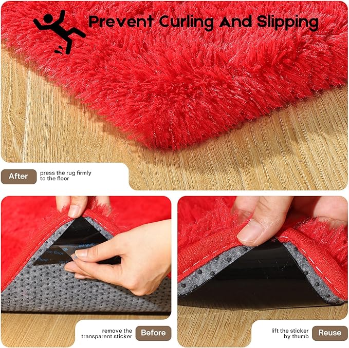 2x3 Red Rug for Bedroom Living Room, Fluffy Small Area Rug Soft Shag Carpet for Kids Boys and Girls Room with 4 Rugs Non-Slip Stickers Dorm Home Decor (2ft x 3ft)