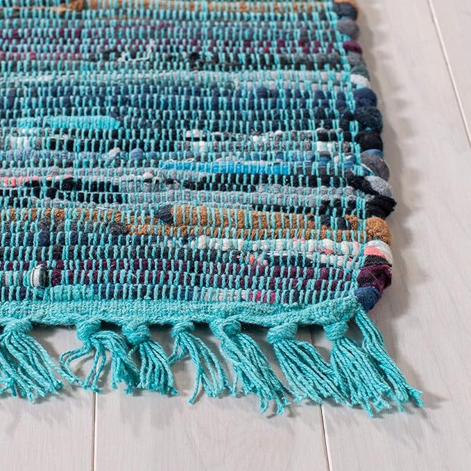 SAFAVIEH Rag Rug Collection Area Rug - 6' Square, Blue & Multi, Handmade Boho Stripe Cotton, Ideal for High Traffic Areas in Living Room, Bedroom (RAR121B)