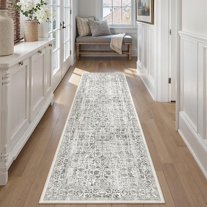 Black Runner Rug 3x8 Hallway Machine Washable Kitchen Vintage Distressed Non Slip Long Carpet Indoor Retro Floral Bedroom Accent Throw Rug for Bathroom Office Laundry Dining Room