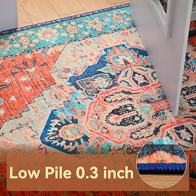 YJ.GWL Area Rugs for Living Room 4x6 Machine Washable Rugs for Bedroom, Non Slip Floral Vintage Rug Indoor Carpet, Stain Resistant Throw Rug for Dining Room Kitchen, Red Blue Gradient Color
