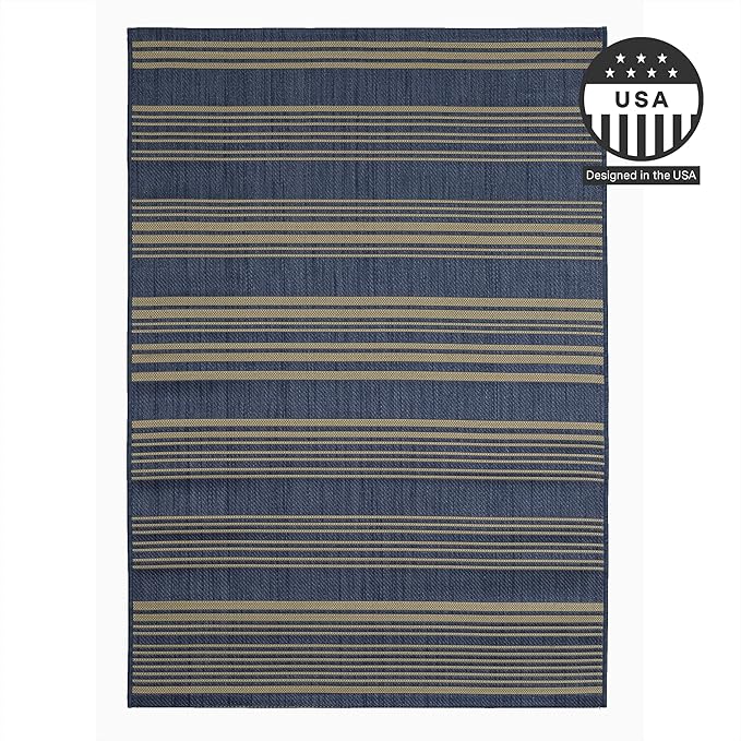 FH Home Outdoor Rug - Waterproof Easy to Clean Stain Resistant - Patio Indoor Outdoor Porch Deck Balcony Entryway - Striped Coastal - Newport - Blue - 5ft 2in x 7ft 6in