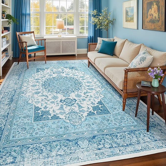 6x9 Area Rug for Bedroom, Machine Washable Rugs with Non-Slip Backing for Living Room, Large Vintage Carpet Kitchen Laundry Kids Room Decor, Celestial Blue