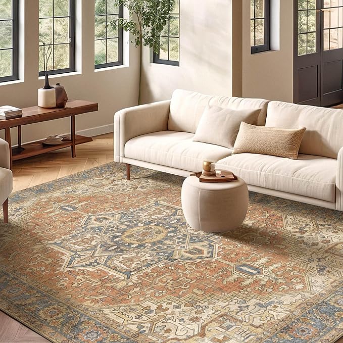 Kokia 10x14 Washable Area Rugs Terracotta with Vintage Orient Design, Soft Rug for Living Room or Bedroom, Non-Slip Low Pile Stain Resistance Features, Distressed Medallion Pattern