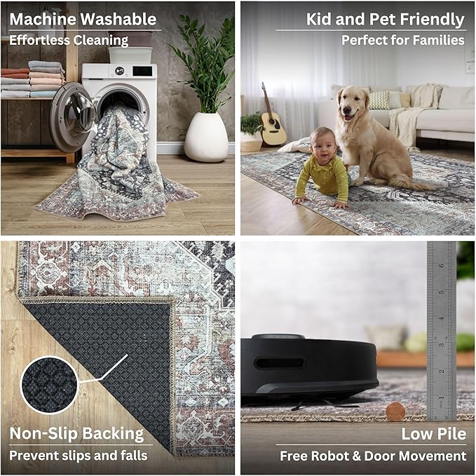 Bloom Rugs Washable Non-Slip 5' x 7' Rug - Charcoal/Brown Traditional Medallion Area Rug for Living Room, Bedroom, Dining Room, and Kitchen - Exact Size: 5' x 7'