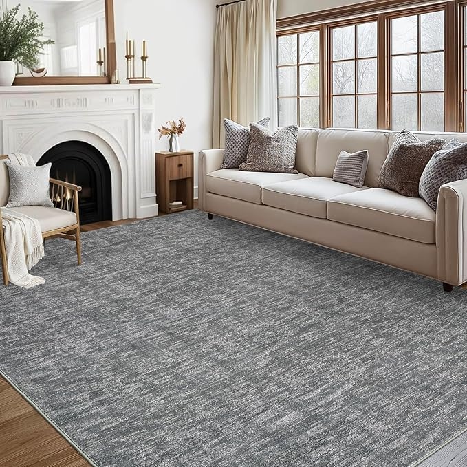 RUGSREAL Machine Washable Area Rug 9x12 Large Living Room Rug with Rubber Backing Modern Solid Color Dining Room Throw Carpet Contemporary Rug for Home Decor Office, 9' x 12' Grey