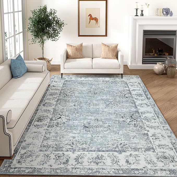 jinchan Fiora Washable Area Rug 8x10 for Living Room Soft Faux Wool Ultra-Thin Stain Resistant Non-Slip Distressed Vintage Floral Large Carpet for Bedroom Dining Room Home Office Nursery(Grey, 8'x10')