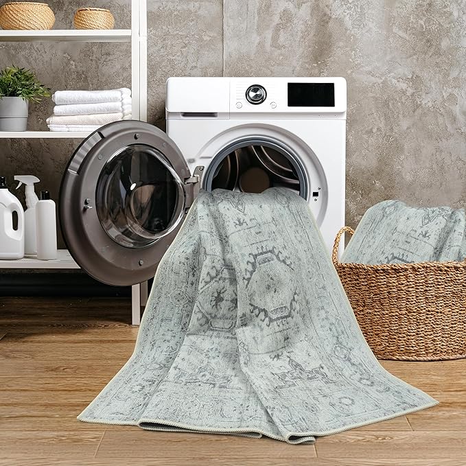 GLN Rugs Traditional Collection - Machine Washable Area Rug, Traditional Washable, Non Slip, Low Pile Chenille Rug, Living Room, Bedroom, Kitchen Rug (6' x 9' Cream/Gray/Sea Salt)