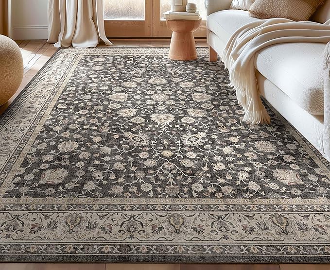 Well Woven Asha Rome Black 9'10" x 13' Area Rug - Oriental Floral Pattern, Easy Clean, Floor-Friendly Backing - for Living Room, Bedroom, and Dining Room