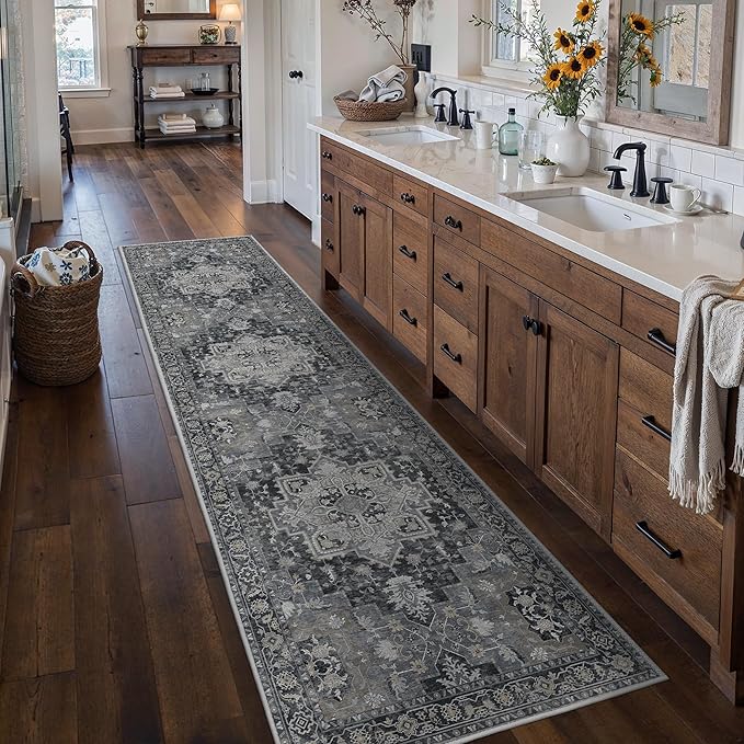 Runner Rug 2'6''x10, Machine Washable Runners, Non Slip Vintage Hallway Runner Rugs, Low Pile Lightweight Mat for Entryway, Hallway, Kitchen and Corridor, Dark Gray