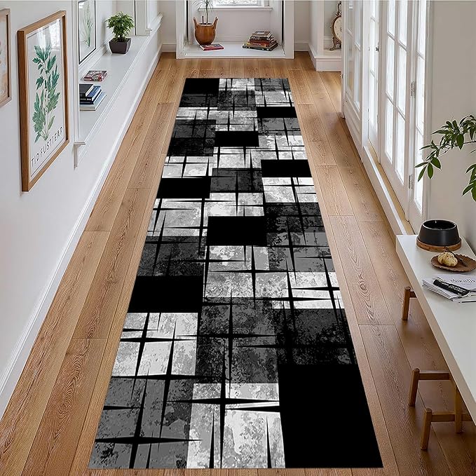 Distressed Checkered Runner Rugs, 3.3x10ft, Washable Runner Rug with Rubber Backing, Soft Vintage Geometric Black Grey Floor Carpet for Front Door Home Office
