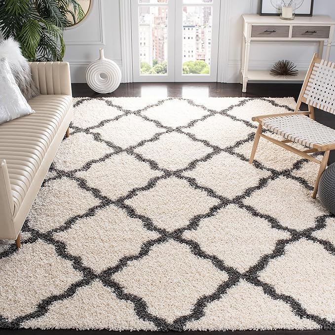 SAFAVIEH Dallas Shag Collection Area Rug - 10' x 14', Ivory & Dark Grey, Trellis Design, Non-Shedding & Easy Care, 1.5-inch Thick Ideal for High Traffic Areas in Living Room, Bedroom (SGD257H)