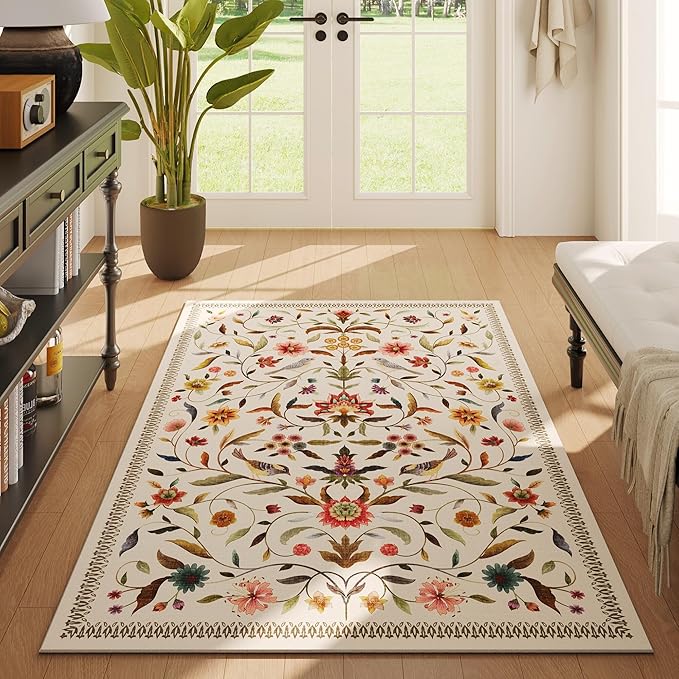 Vintage Medallion Floral 3x5 Washable Rug, Soft Low Pile Area Rug, Non-Slip Carpet for Bedside, Bedroom, Bathroom, Entryway, Kitchen, Office, Kids/Girls Room | Beige