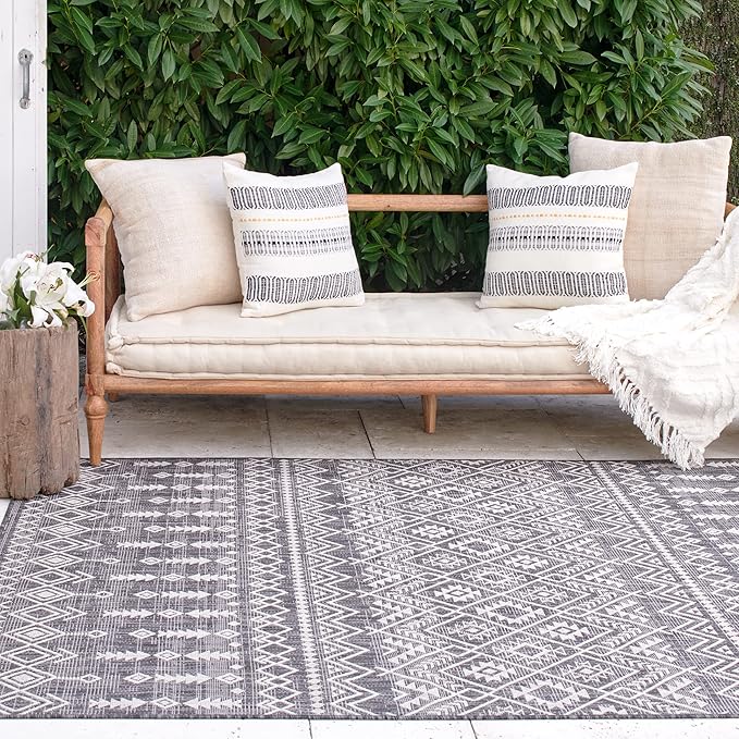 FH Home Flat Woven Outdoor Rug - Waterproof, Easy to Clean, Stain Resistant - Premium Polypropylene Yarn - Boho Moroccan - Large Patio, Deck, Sunroom - Dakar - Charcoal - 7ft 10in x 10ft 9in