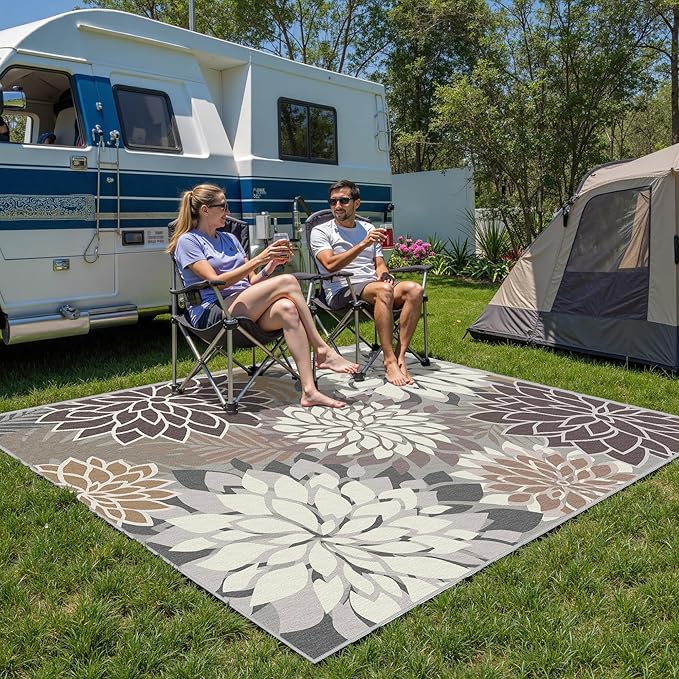 6x9 Outdoor Area Rug Washable Multicolored Patio Rug Tropical Botanical Floral Chenille Waterproof Outdoor Carpet Non-Slip for Patio, Deck, Backyard, Porch, Taupe