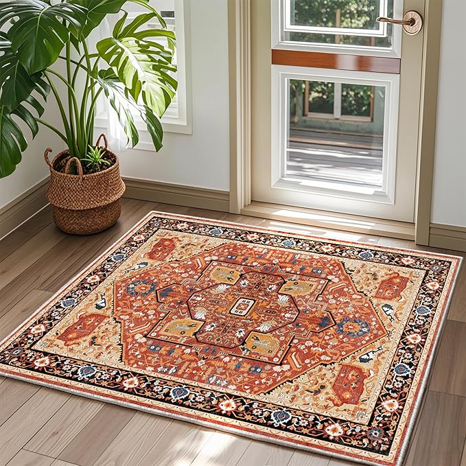 EnHomee 3x5 Washable Area Rugs for Bedroom, Boho Vintage Rugs, Foldable Area Rug for Dining Room, Non-Slip Soft Living Room Rug, Low Pile Large Carpet for Bathroom, Red