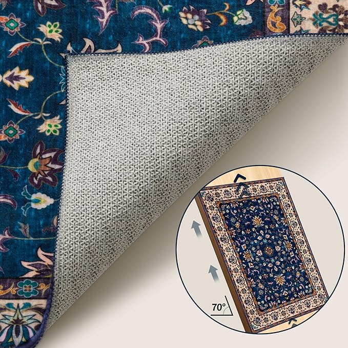 Tangsoo 5x7 Washable Rug, Floral Vintage Large Area Rugs for Living Room, Indoor Non Slip Print Floor Carpet, Soft Low Pile Machine Washable Rug for Bedroom Dining Room Dorm Home Decor Navy Blue