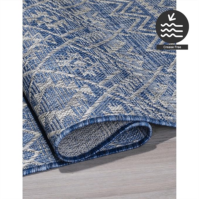 FH Home Flat Woven Outdoor Rug - Waterproof, Easy to Clean, Stain resistant - Premium Polypropylene Yarn - Boho Moroccan - Patio, Deck, Porch, Balcony, Laundry Room - Dakar - Blue - 3ft 11in x 5ft 6in