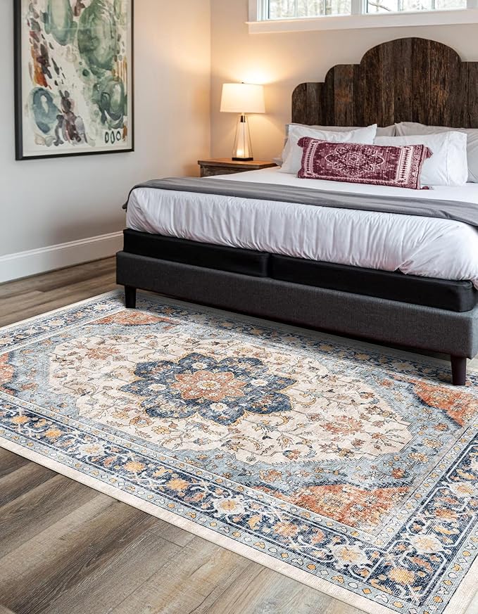 vivorug Boho Runner Rug 2x10 Machine Washable Rug with Non-Slip Backing, Ideal for Kitchen Hallway Entryway Laundry Room - Vintage, Durable, Easy Clean, Low Pile Carpet Runner Orange/Navy