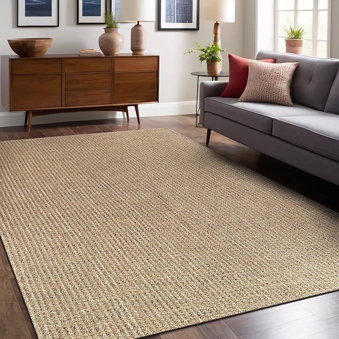 Easy Jute Rugs 5x7 Natural Color Living Room Indoor Outdoor Area Rug for Farmhouse Patio and Kitchen Rug High Traffic Washable Easy to Clean Solid Boho Woven Design Outside Carpet (5 x 7)