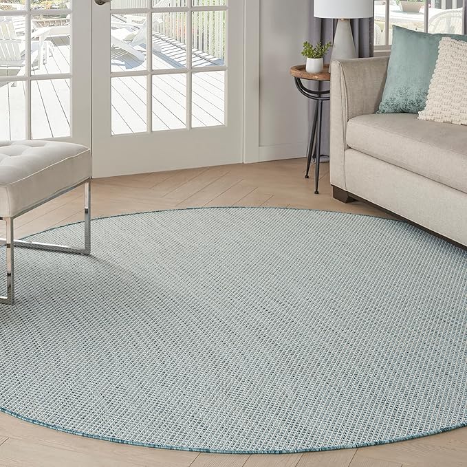 Nourison Home Courtyard Ivory Aqua 8' x Round Area Rug - Easy Clean, Non Shedding, Bed Room, Living Room, Dining Room, Kitchen (8' x Round)
