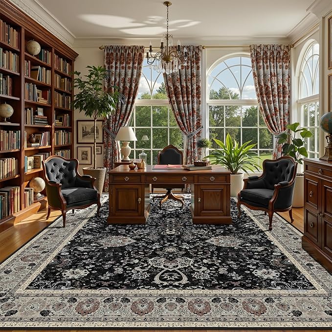 Blcak 8x10 Vintage Rugs for Living Room, Washable Rugs Non Slip Large Area Rug for Bedroom Dining Room Office, Floor Decoration Big Rug Carpet Low-Pile Kid & Pet Friendly(Blcak Navy Multi