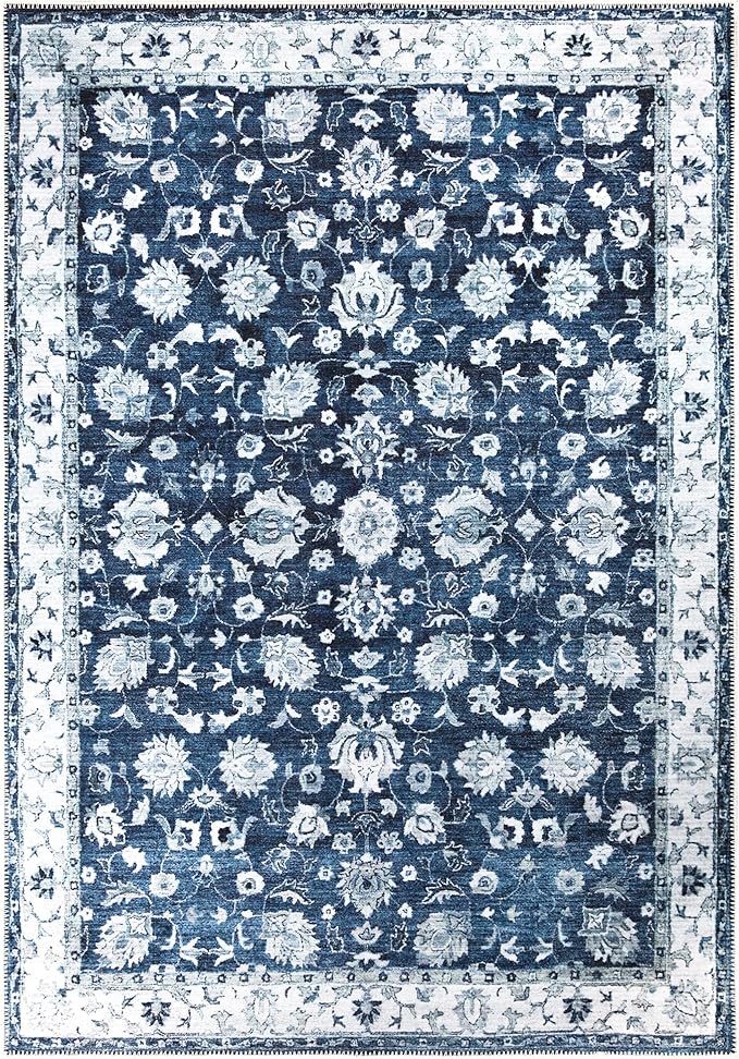 Bloom Rugs Washable Non-Slip 6' x 9' Rug - Dark Blue Traditional Bordered Area Rug for Living Room, Bedroom, Dining Room, and Kitchen - Exact Size: 6' x 9'