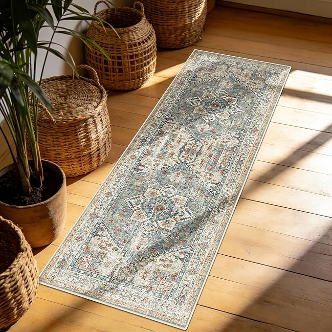 Enkor Runner Rugs for Hallway, 2x6 Washable Soft Boho Non Slip Floor Rugs for Kitchen, Modern Mat for Living Room Bedroom Entryway Beige & Green