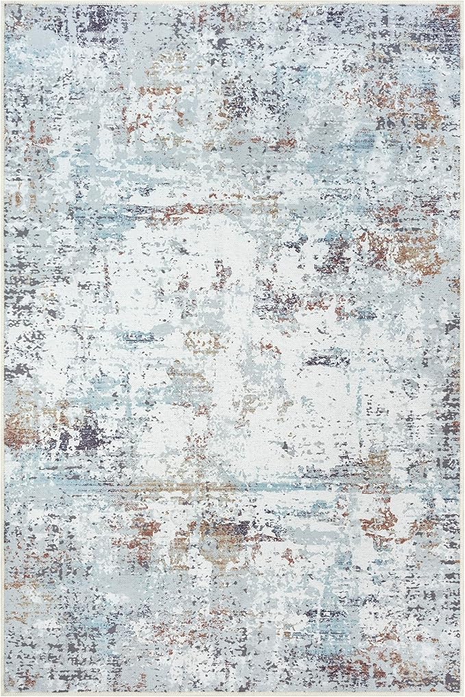 GLN Rugs Contemporary Collection - Machine Washable Area Rug, Contemporary Washable, Non Slip, Low Pile Chenille Rug, Living Room, Bedroom, Kitchen Rug (9' x 12' White/Grey/Blue/Brown)