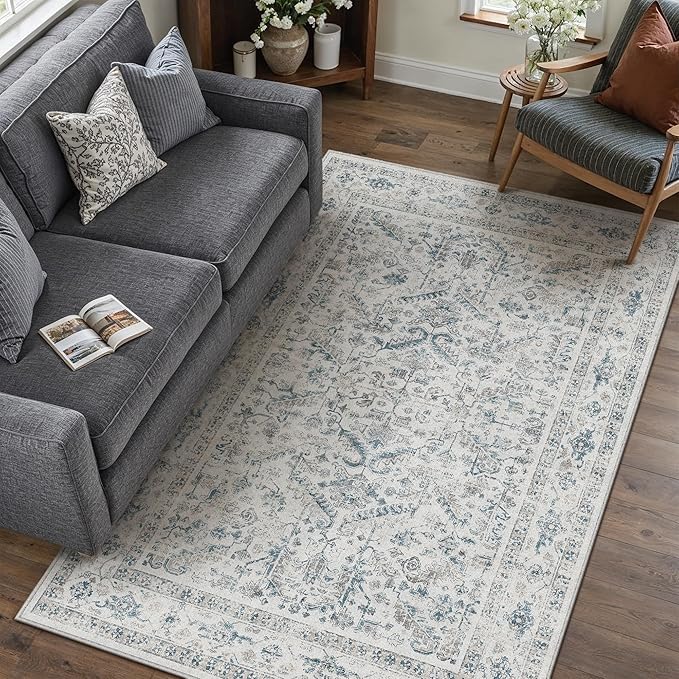 Blue 4x6 Entryway Rug Vintage Area Carpet Indoor Office Washable Door Mat Entrance Small Low Pile Traditional Distressed Retro Accent Throw Rug Non Slip Kitchen Bathroom