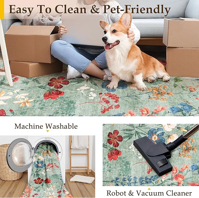 Green Area Rug 2x3 Entryway Floral Boho Door Mat Indoor Washable Kitchen Carpet Non Slip Bedroom Lightweight Low Pile Accent Rug for Bathroom Living Room Office Dining Room