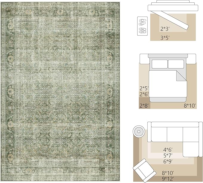 FMFUNCTEX 5x7 Washable Area Rug Green Neutral Vintage Distressed Non Slip Low Pile Traditional Indoor Carpet for Living Room Bedroom Soft Retro Mat Throw Rug for Dining Office Kitchen Dorm Entryway