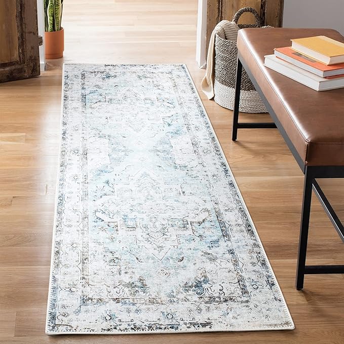 Bloom Rugs Washable Non-Slip 12 ft Runner - Beige/Blue Traditional Runner for Entryway, Hallway, Bathroom, and Kitchen - Exact Size: 2.5' x 12'
