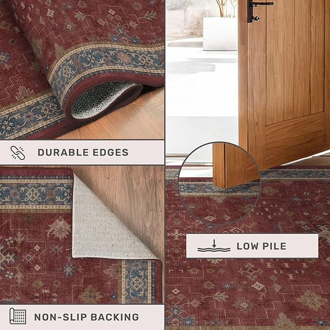 Burgundy 2x4 Washable Entry Rug for Inside House, Kitchen Floor, Thin Door Mats for Inside Entry, Washable Non Slip Low Pile Stain & Fade Resistant, Modern Eclectic Floral Decor