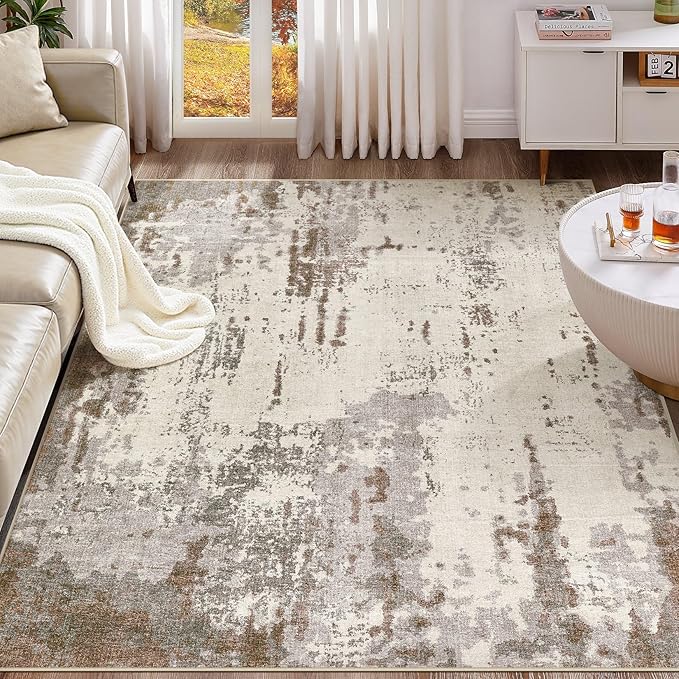 5x8 Area Rug Living Room Rugs - Washable Neutral Modern Abstract Soft Thin Rug Indoor Floor No Slip Rug Carpet for Bedroom Under Dining Table Home Office Decor - Brown/Grey/Beige