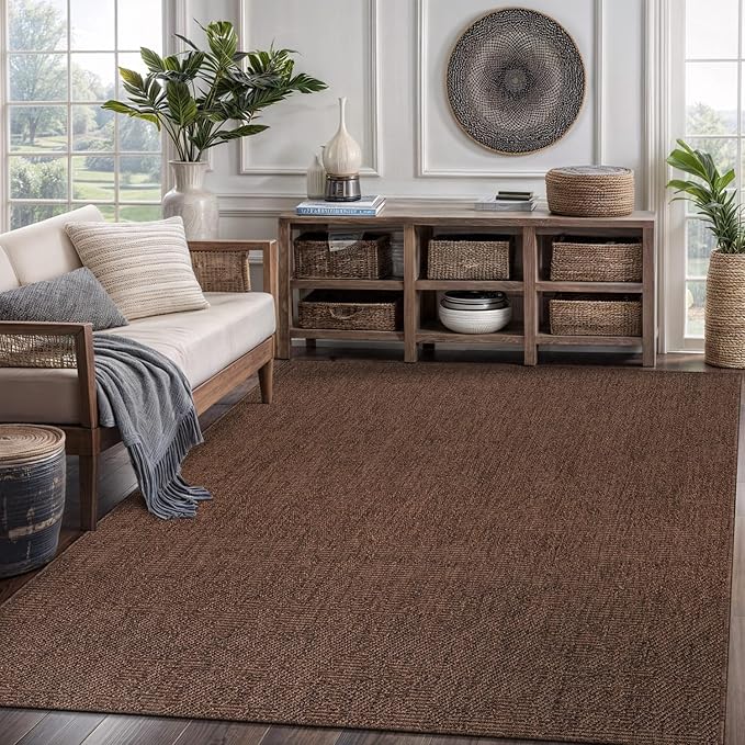 CAMILSON Easy Jute Rug 4x6, Indoor Outdoor Brown Color Fiber Area Rugs for Living Room Patio and Kitchen Rug, Solid Boho Woven Design, Easy-Cleaning, Washable Outside Carpet Alfombras (4 x 6)