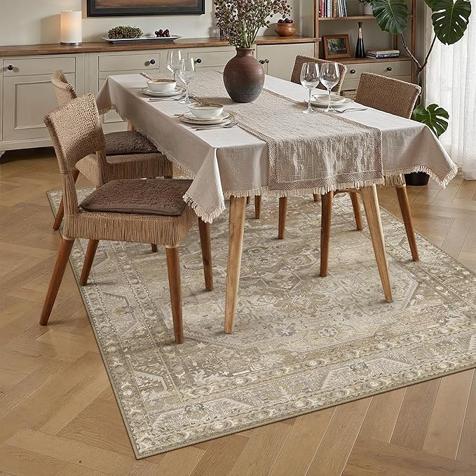 3x5 Washable Vintage Area Rug for Living Room Bedroom Non Slip Distressed Traditional Soft Runner Rug Beige Brown Low Pile Lightweight Floral Carpet Entrance Laundry Room Kitchen