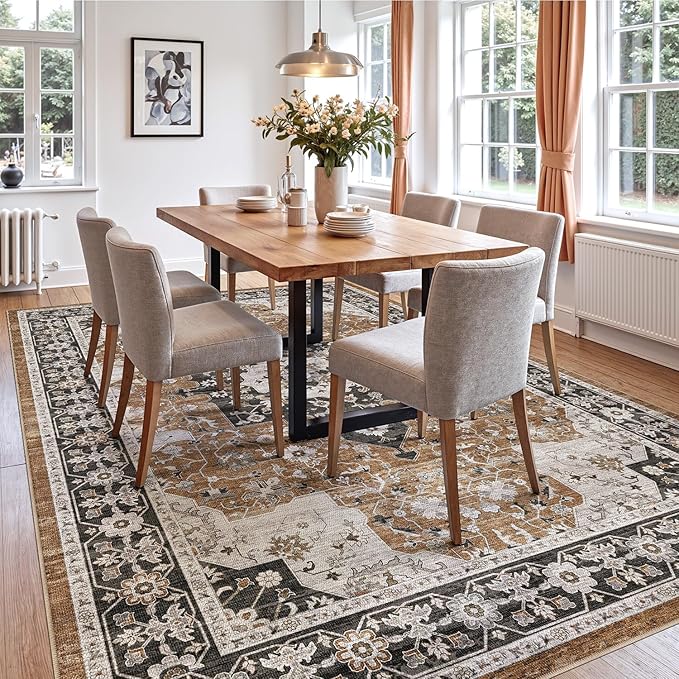 DEXI 4x6 Area Rug for Living Room, Washable Vintage Farmhouse Thin Rug Indoor Floor, Non Slip Stain Resistant Low Pile Carpet for Dining Room Bedroom Office, Brown