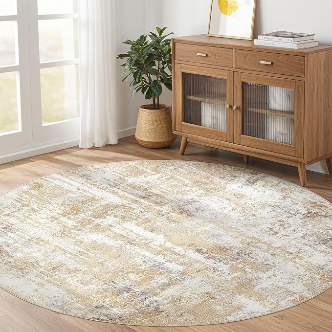 Round Rug Living Room Rugs: 7Ft Washable Circle Large Abstract Modern Soft Stain Resistant Non Slip Indoor Floor Carpet for Bedroom Nursery Office Dining Room Dorm Home House Decor- Gray Gold