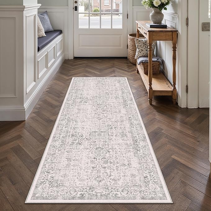 Gray Entryway Runner Rug 2x4 Door Mat Machine Washable Kitchen Carpet Vintage Distressed Non Slip Indoor Grey Retro Floral Accent Throw Small Rug for Bathroom Office Bedroom Dining Room