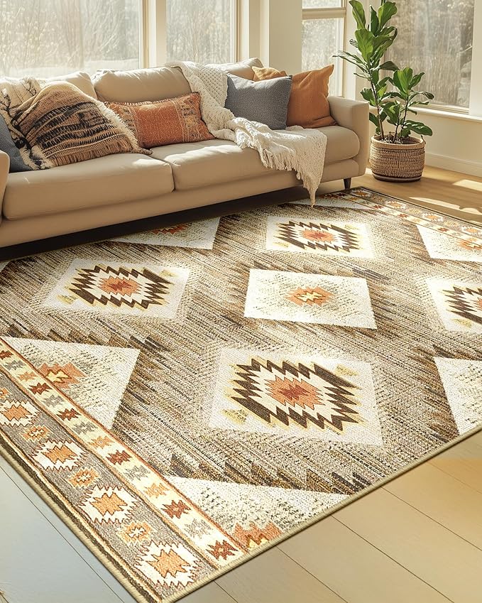 Area Rug 3x5 Rug Machine Washable Non-Slip Low Pile Print Pattern Western Rug for Living Room Bedroom Entryway Tribal Series -Cream/Camel