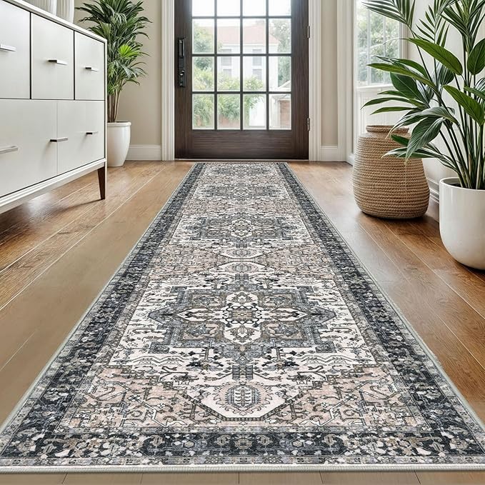 KOZYFLY Long Runners for Hallways 2x10 Ft Washable Kitchen Runner Rug Boho Style Entryway Rug Indoor Printed Faux Wool Stair Runner Carpet for Stairs Bedroom Kitchen Hall, Black/Taupe/Beige