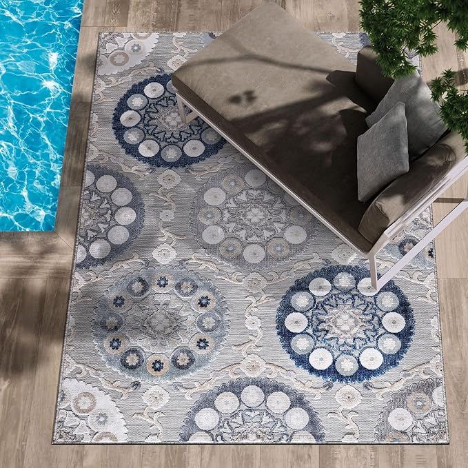 CAMILSON Indoor Outdoor Rug 5x7 Bohemian Medallion Floral Area Rugs for Indoor and Outdoor Patios Easy-Cleaning Non-Shedding Living Room Garden and Kitchen Washable Outside Carpet (5 x 7 / Blue)