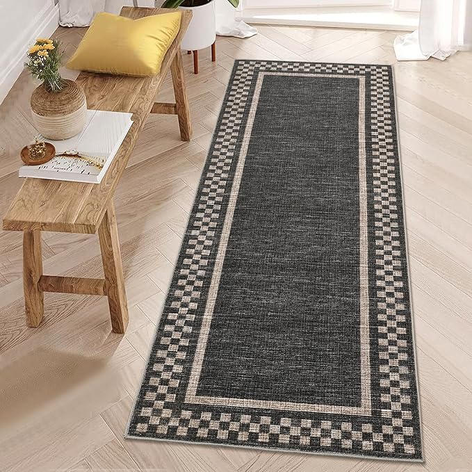Washable Runner Rug 2x10 Modern Bordered Hallway Runner Rug Non Slip Kitchen Throw Carpet Checkered Bathroom Entryway Runner Rugs Low Pile Solid Area Rugs for Living Room Bedroom Nursery Sink, Black