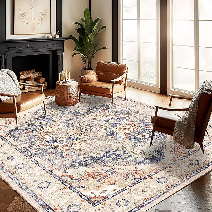 Washable Area Rug 8'x10' Blue Khaki Retro Boho Design Non-Shedding Non-Slip Easy Care Ideal for High Traffic Areas in Living Room Bedroom Office Coffee Table Kitchen Large Carpet