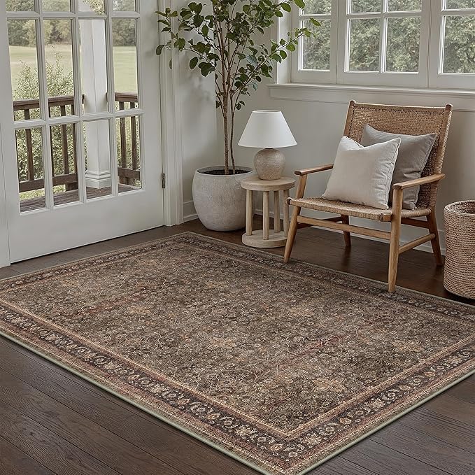 Entryway Area Rug 4x6 Brick Red Vintage Washable Office Carpet Traditional Distressed Indoor Entry Soft Non Slip Small Door Mat Retro Low Pile Thin Rug for Kitchen Laundry Bedroom