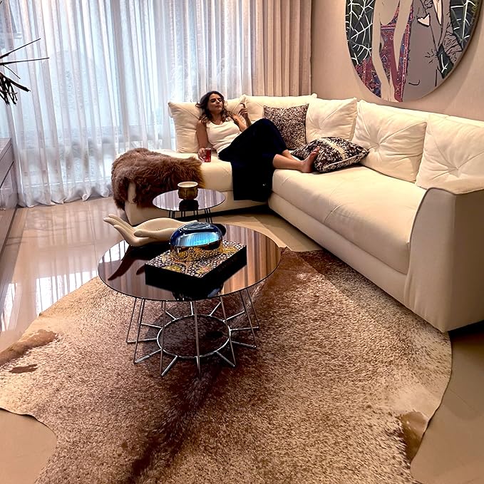Genuine Cowhide Rug - Natural Leather Hide Rugs for Living Room & Area Rug for Bedroom - Real Cowhides Rug for Rustic Home Decor - Brown Speckled Cowhide Rugs Collection, 6x6-7ft
