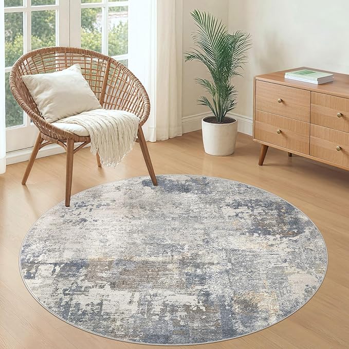 4ft Round Area Rug Living Room Rugs - 4x4 Washable Neutral Modern Abstract Soft Thin Rug Indoor Floor No Slip Rug Carpet for Bedroom Under Dining Table Home Office Decor - Blue Grey