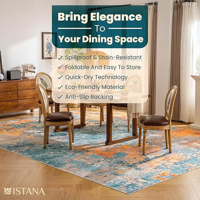 Istana Living Room Rug 10x14 - Multi/Blue 10 x 14 Area Rug - Foldable Machine Washable Area Rugs 10x14 - Stylish 10x14 Area Rugs Boho - Stain Resistant Washable Rug 10x14