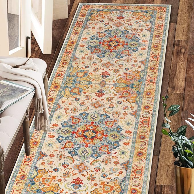COMSLE Boho Runner Rug, 2' x 6' Washable Area Rugs for Hallway Faux Wool Small Distressed Indoor Door Mat Non-Slip Laundry Room Kitchen Carpet for Entryway Bedroom